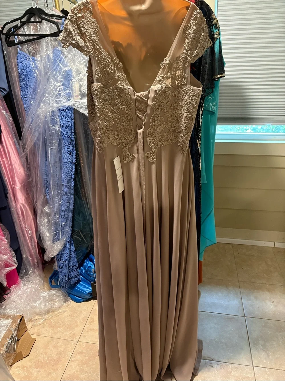 Cap-Sleeve Lace Bodice Maxi Dress in Champagne Taupe - Picture 4 of 5